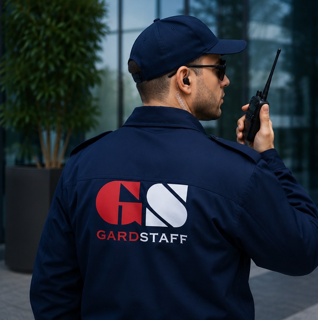 Agent GARDSTAFF en tenue, radio à la main, en poste devant un site