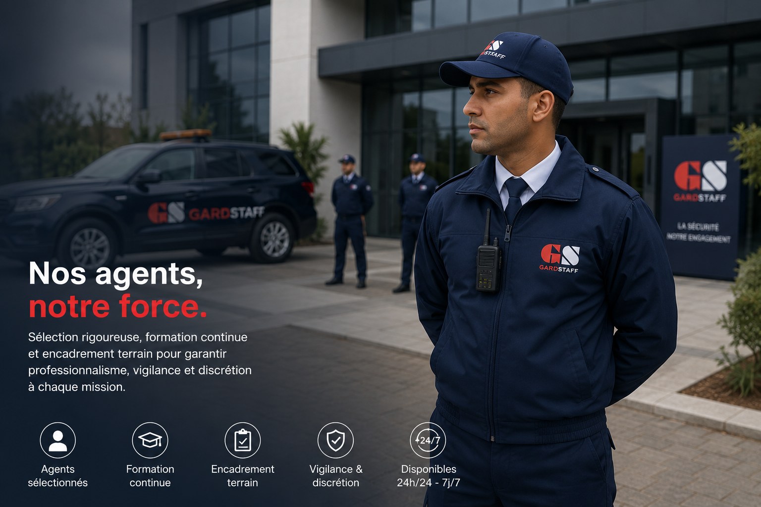 Agents GARDSTAFF en tenue devant un site client, véhicule d'intervention floqué GARDSTAFF en arrière-plan