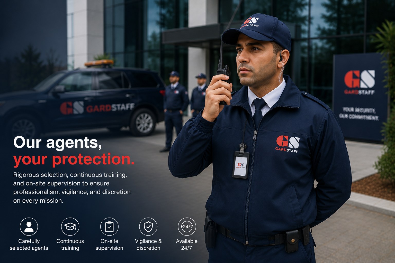 GARDSTAFF agents in uniform in front of a client site, GARDSTAFF-branded response vehicle in the background